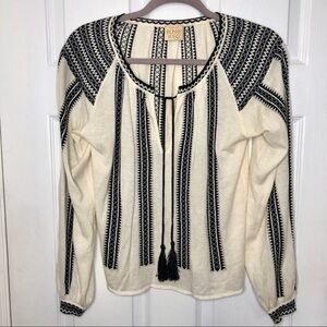 𝅺RONNY Kobo Silk, Cashmere & Cotton Blend Black & White Bohemian Tie Top XS